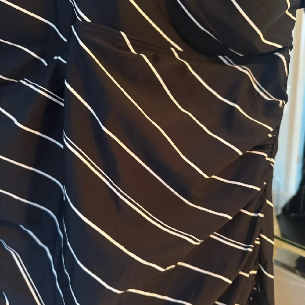 NWT MAZU Swim Striped Black and Blue Swimsuit with skirt US 24W